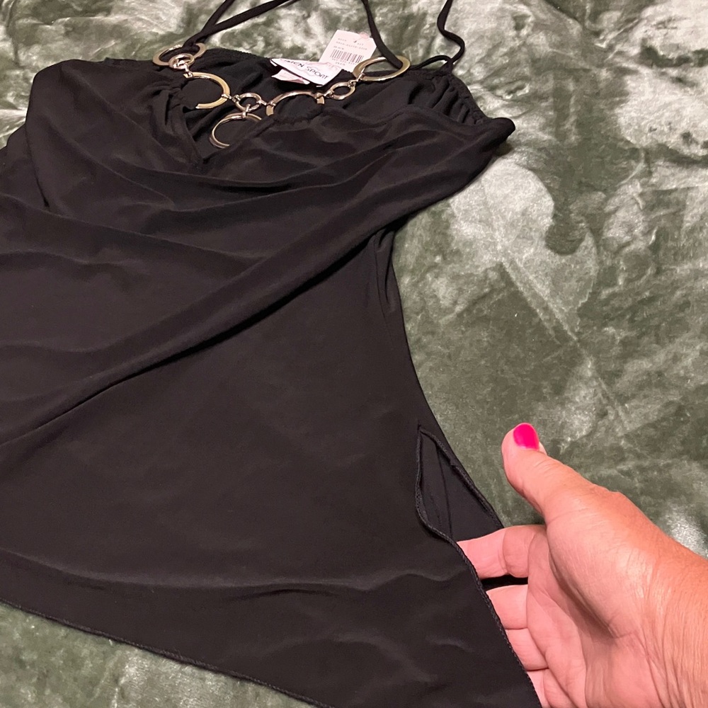 Black halter slip top with silver ring necklace detail - Picture 5 of 9